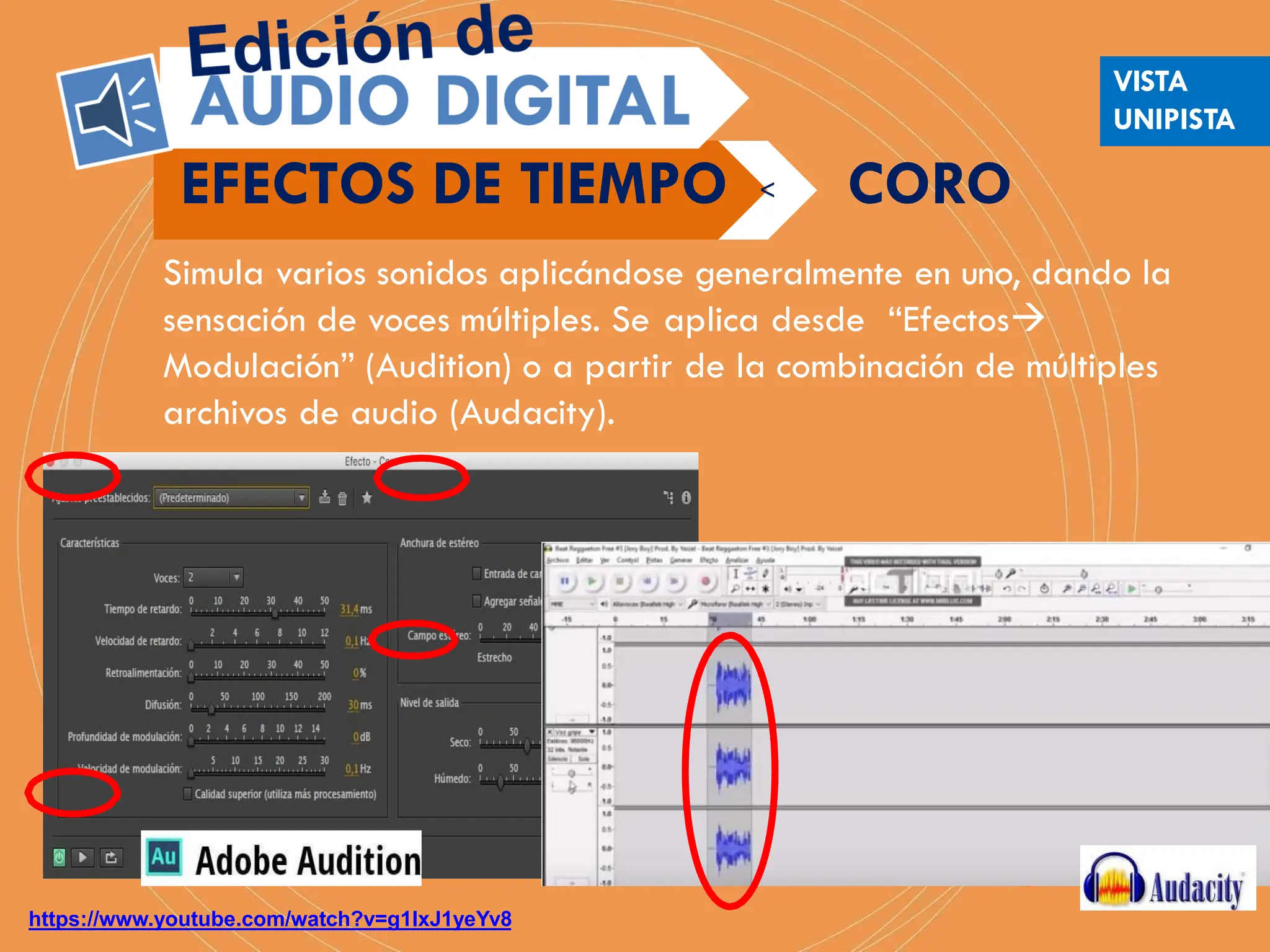 Simula varios sonidos aplicándose generalmente en uno, dando la
sensación de voces múltiples. Se aplica desde “Efectos
Modulación” (Audition) o a partir de la combinación de múltiples
archivos de audio (Audacity).
https://www.youtube.com/watch?v=g1lxJ1yeYv8
EFECTOS DE TIEMPO CORO
<
VISTA
UNIPISTA
 