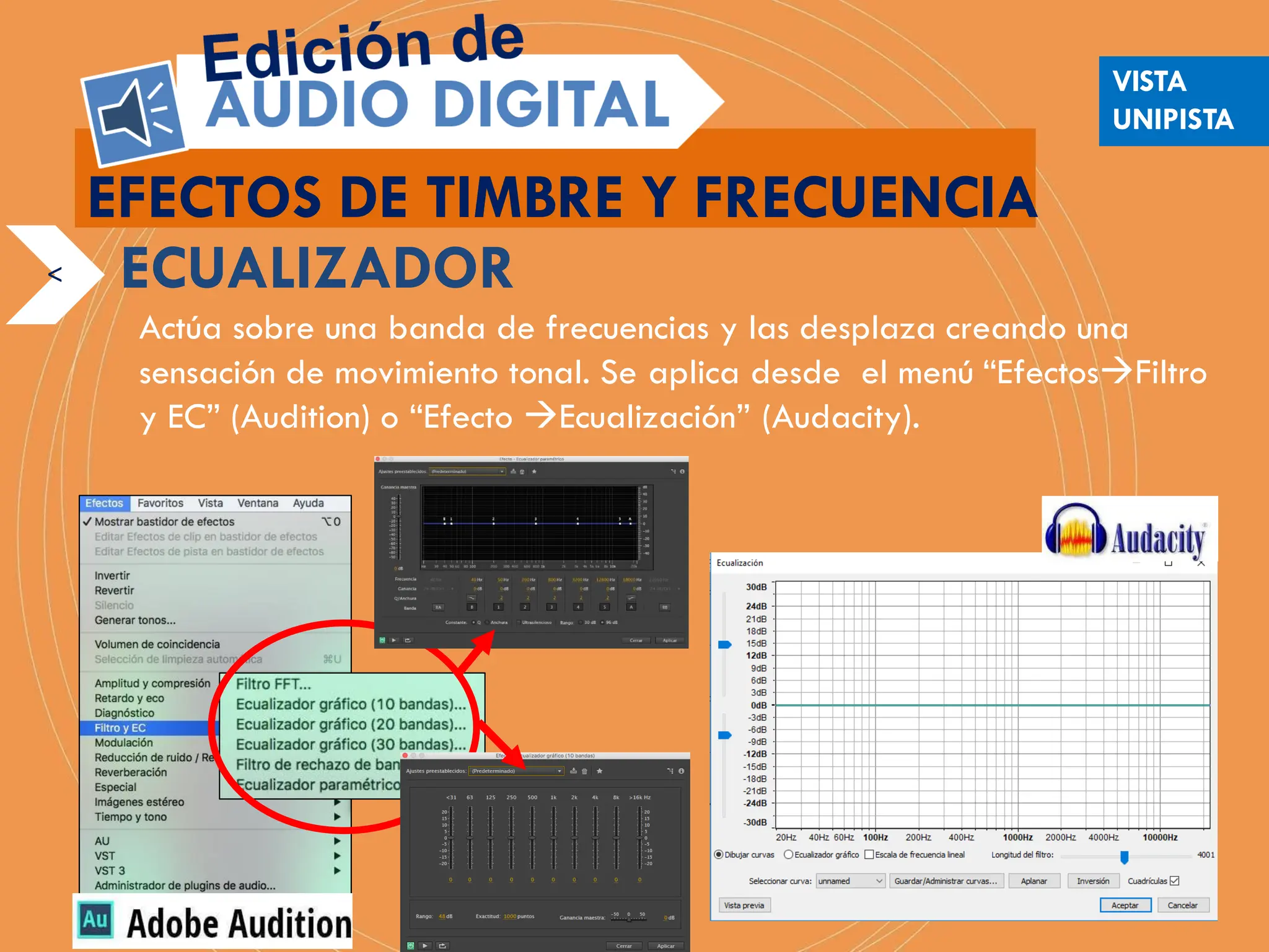 EFECTOS DE TIMBRE Y FRECUENCIA
< ECUALIZADOR
Actúa sobre una banda de frecuencias y las desplaza creando una
sensación de movimiento tonal. Se aplica desde el menú “EfectosFiltro
y EC” (Audition) o “Efecto Ecualización” (Audacity).
VISTA
UNIPISTA
 