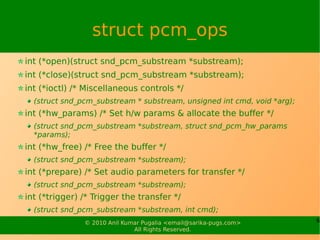 struct pcm_ops
int (*open)(struct snd_pcm_substream *substream);
int (*close)(struct snd_pcm_substream *substream);
int (*...