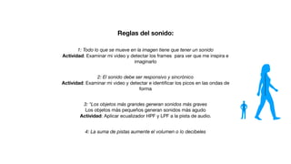 Reglas del sonido:
1: Todo lo que se mueve en la imagen tiene que tener un sonido
Actividad: Examinar mi video y detectar los frames para ver que me inspira e
imaginarlo
2: El sonido debe ser responsivo y sincrónico
Actividad: Examinar mi video y detectar e identiﬁcar los picos en las ondas de
forma
3: *Los objetos más grandes generan sonidos más graves
Los objetos más pequeños generan sonidos más agudo

Actividad: Aplicar ecualizador HPF y LPF a la pista de audio.
4: La suma de pistas aumente el volumen o lo decibeles
 