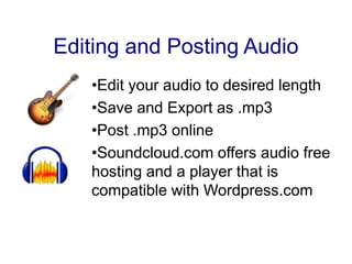 Get an ID: Name, age, occupation, location.Tips for InterviewingWhen you are done interviewing, let the recorder continue to run. Sometimes this is when you get the best stuff.