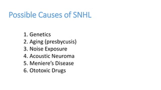 1. Genetics
2. Aging (presbycusis)
3. Noise Exposure
4. Acoustic Neuroma
5. Meniere’s Disease
6. Ototoxic Drugs
Possible Causes of SNHL
 