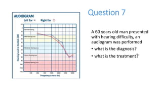 A 60 years old man presented
with hearing difficulty, an
audiogram was performed
• what is the diagnosis?
• what is the treatment?
Question 7
 
