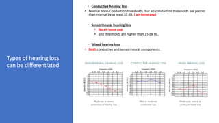Types of hearing loss
can be differentiated
• Conductive hearing loss
• Normal bone-Conduction thresholds, but air-conduction thresholds are poorer
than normal by at least 10 dB. ( air-bone gap)
• Sensorineural hearing loss
• No air-bone gap
• and thresholds are higher than 25 dB HL.
• Mixed hearing loss
• Both conductive and sensorineural components.
 