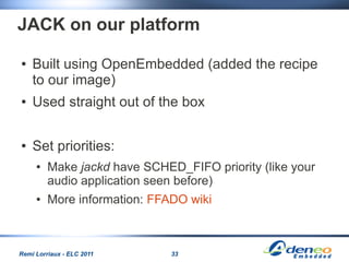 JACK on our platform

●   Built using OpenEmbedded (added the recipe
    to our image)
●   Used straight out of the box

●...