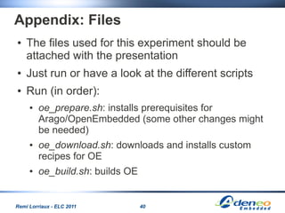 Appendix: Files
●   The files used for this experiment should be
    attached with the presentation
●   Just run or have a...