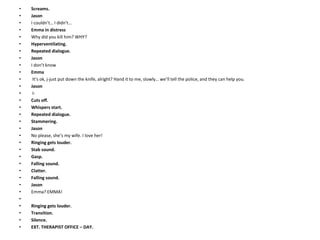 • Screams.
• Jason
• I couldn’t… I didn’t…
• Emma in distress
• Why did you kill him? WHY?
• Hyperventilating.
• Repeated dialogue.
• Jason
• I don’t know
• Emma
• It’s ok, j-just put down the knife, alright? Hand it to me, slowly… we’ll tell the police, and they can help you.
• Jason
• I-
• Cuts off.
• Whispers start.
• Repeated dialogue.
• Stammering.
• Jason
• No please, she’s my wife. I love her!
• Ringing gets louder.
• Stab sound.
• Gasp.
• Falling sound.
• Clatter.
• Falling sound.
• Jason
• Emma? EMMA!
•
• Ringing gets louder.
• Transition.
• Silence.
• EXT. THERAPIST OFFICE – DAY.
 