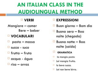 AN ITALIAN CLASS IN THE AUDIOLINGUAL METHOD VERBI Mangiare – comer Bere – beber VOCABULARI   pasta – massa succo - suco frutta – fruta acqua - água riso – arroz EXPRESSIONI  Buon giorno – Bom dia Buona sera – Boa noite (chegada) Buona notte – Boa noite (saída)   GRAMATICA   Io mangio pasta Lei mangia frutta. Io bevo succo. Lei non beve birra. 