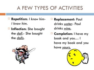 A FEW TYPES OF ACTIVITIES Repetition :  I know him- I know him . Inflection : She bought the  doll .- She bought the  dolls . Replacement : Paul drinks  water - Paul drinks  wine . Completion : I have my book and you… I have my book and you have  yours. 