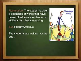 Restoration: The student is given
a sequence of words that have
been culled from a sentence but
still bear its basic meaning.
Exp:student/wait/bus
The students are waiting for the
bus .
33
 