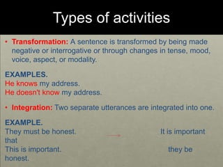 Types of activities
• Transformation: A sentence is transformed by being made
negative or interrogative or through changes in tense, mood,
voice, aspect, or modality.
EXAMPLES.
He knows my address.
He doesn't know my address.
• Integration: Two separate utterances are integrated into one.
EXAMPLE.
They must be honest. It is important
that
This is important. they be
honest.
 