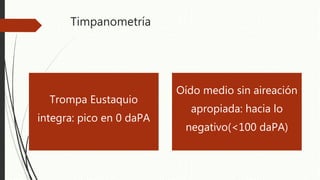 Timpanometría
Trompa Eustaquio
integra: pico en 0 daPA
Oído medio sin aireación
apropiada: hacia lo
negativo(<100 daPA)
 