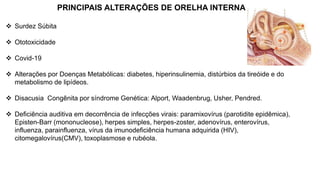  Surdez Súbita
 Ototoxicidade
 Covid-19
 Alterações por Doenças Metabólicas: diabetes, hiperinsulinemia, distúrbios da tireóide e do
metabolismo de lipídeos.
 Disacusia Congênita por síndrome Genética: Alport, Waadenbrug, Usher, Pendred.
 Deficiência auditiva em decorrência de infecções virais: paramixovírus (parotidite epidêmica),
Episten-Barr (mononucleose), herpes simples, herpes-zoster, adenovírus, enterovírus,
influenza, parainfluenza, vírus da imunodeficiência humana adquirida (HIV),
citomegalovírus(CMV), toxoplasmose e rubéola.
PRINCIPAIS ALTERAÇÕES DE ORELHA INTERNA
 
