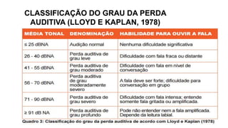 CLASSIFICAÇÃO DO GRAU DA PERDA
AUDITIVA (LLOYD E KAPLAN, 1978)
 