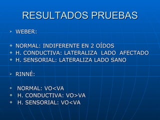 RESULTADOS PRUEBAS
   WEBER:

   NORMAL: INDIFERENTE EN 2 OÍDOS
   H. CONDUCTIVA: LATERALIZA LADO AFECTADO
   H. SENSORIAL: LATERALIZA LADO SANO

   RINNÉ:

   NORMAL: VO<VA
   H. CONDUCTIVA: VO>VA
   H. SENSORIAL: VO<VA
 