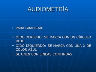 AUDIOMETRÍA

   PARA GRAFICAR:

   OÍDO DERECHO: SE MARCA CON UN CÍRCULO
    ROJO
   OÍDO IZQUIERDO: SE MARCA CON UNA X DE
    COLOR AZUL
   SE UNEN CON LINEAS CONTINUAS
 