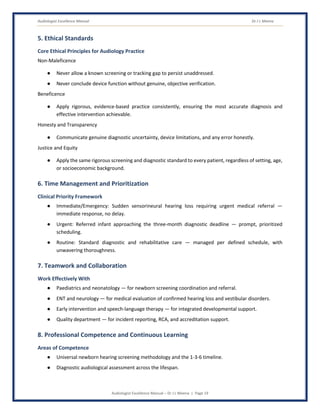 Audiologist Excellence Manual Dr J L Meena
Audiologist Excellence Manual – Dr J L Meena | Page 19
5. Ethical Standards
Core Ethical Principles for Audiology Practice
Non-Maleficence
● Never allow a known screening or tracking gap to persist unaddressed.
● Never conclude device function without genuine, objective verification.
Beneficence
● Apply rigorous, evidence-based practice consistently, ensuring the most accurate diagnosis and
effective intervention achievable.
Honesty and Transparency
● Communicate genuine diagnostic uncertainty, device limitations, and any error honestly.
Justice and Equity
● Apply the same rigorous screening and diagnostic standard to every patient, regardless of setting, age,
or socioeconomic background.
6. Time Management and Prioritization
Clinical Priority Framework
● Immediate/Emergency: Sudden sensorineural hearing loss requiring urgent medical referral —
immediate response, no delay.
● Urgent: Referred infant approaching the three-month diagnostic deadline — prompt, prioritized
scheduling.
● Routine: Standard diagnostic and rehabilitative care — managed per defined schedule, with
unwavering thoroughness.
7. Teamwork and Collaboration
Work Effectively With
● Paediatrics and neonatology — for newborn screening coordination and referral.
● ENT and neurology — for medical evaluation of confirmed hearing loss and vestibular disorders.
● Early intervention and speech-language therapy — for integrated developmental support.
● Quality department — for incident reporting, RCA, and accreditation support.
8. Professional Competence and Continuous Learning
Areas of Competence
● Universal newborn hearing screening methodology and the 1-3-6 timeline.
● Diagnostic audiological assessment across the lifespan.
 