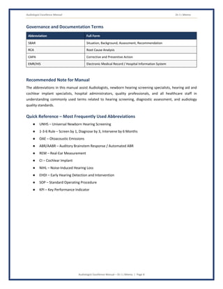 Audiologist Excellence Manual Dr J L Meena
Audiologist Excellence Manual – Dr J L Meena | Page 8
Governance and Documentation Terms
Abbreviation Full Form
SBAR Situation, Background, Assessment, Recommendation
RCA Root Cause Analysis
CAPA Corrective and Preventive Action
EMR/HIS Electronic Medical Record / Hospital Information System
Recommended Note for Manual
The abbreviations in this manual assist Audiologists, newborn hearing screening specialists, hearing aid and
cochlear implant specialists, hospital administrators, quality professionals, and all healthcare staff in
understanding commonly used terms related to hearing screening, diagnostic assessment, and audiology
quality standards.
Quick Reference – Most Frequently Used Abbreviations
● UNHS – Universal Newborn Hearing Screening
● 1-3-6 Rule – Screen by 1, Diagnose by 3, Intervene by 6 Months
● OAE – Otoacoustic Emissions
● ABR/AABR – Auditory Brainstem Response / Automated ABR
● REM – Real-Ear Measurement
● CI – Cochlear Implant
● NIHL – Noise-Induced Hearing Loss
● EHDI – Early Hearing Detection and Intervention
● SOP – Standard Operating Procedure
● KPI – Key Performance Indicator
 