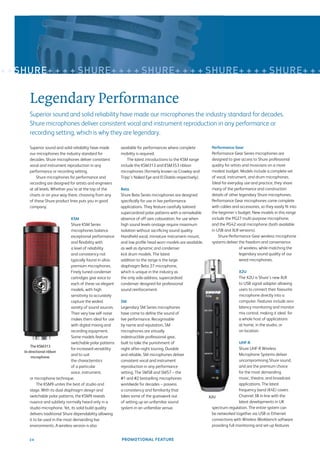 + + SHURE+ + + + SHURE+ + + + SHURE+ + + + SHURE+ + + + SHURE+ + +


       Legendary Performance
       Superior sound and solid reliability have made our microphones the industry standard for decades.
       Shure microphones deliver consistent vocal and instrument reproduction in any performance or
       recording setting, which is why they are legendary.

       Superior sound and solid reliability have made        available for performances where complete         Performance Gear
       our microphones the industry standard for             mobility is required.                             Performance Gear Series microphones are
       decades. Shure microphones deliver consistent             The latest introductions to the KSM range     designed to give access to Shure professional
       vocal and instrument reproduction in any              include the KSM313 and KSM353 ribbon              quality for artists and musicians on a more
       performance or recording setting.                     microphones (formerly known as Crowley and        modest budget. Models include a complete set
           Shure microphones for performance and             Tripp’s Naked Eye and El Diablo respectively).    of vocal, instrument, and drum microphones.
       recording are designed for artists and engineers                                                        Ideal for everyday use and practice, they share
       at all levels. Whether you’re at the top of the       Beta                                              many of the performance and construction
       charts or on your way there, choosing from any        Shure Beta Series microphones are designed        details of other legendary Shure microphones.
       of these Shure product lines puts you in good         speciﬁcally for use in live performance           Performance Gear microphones come complete
       company.                                              applications. They feature carefully tailored     with cables and accessories, so they easily ﬁt into
                                                             supercardioid polar patterns with a remarkable    the beginner’s budget. New models in this range
                               KSM                           absence of off-axis colouration, for use when     include the PG27 multi-purpose microphone,
                                 Shure KSM Series            high sound levels onstage require maximum         and the PG42 vocal microphone (both available
                                 microphones balance         isolation without sacriﬁcing sound quality.       in USB and XLR versions).
                                 exceptional performance     Handheld vocal, miniature instrument-mount,           Shure Performance Gear wireless microphone
                                 and ﬂexibility with         and low proﬁle head worn models are available,    systems deliver the freedom and convenience
                                 a level of reliability      as well as dynamic and condenser                                    of wireless, while matching the
                                 and consistency not         kick drum models. The latest                                        legendary sound quality of our
                                 typically found in ultra-   addition to the range is the large                                  wired microphones.
                                 premium microphones.        diaphragm Beta 27 microphone,
                                 Finely tuned condenser      which is unique in the industry as                                X2U
                                 cartridges give voice to    the only side-address, supercardioid                              The X2U is Shure’s new XLR
                                 each of these six elegant   condenser designed for professional                               to USB signal adapter allowing
                                 models, with high           sound reinforcement.                                              users to connect their favourite
                                 sensitivity to accurately                                                                     microphone directly into a
                                 capture the widest          SM                                                                computer. Features include zero
                                 variety of sound sources.   Legendary SM Series microphones                                   latency monitoring and monitor
                                 Their very low self-noise   have come to deﬁne the sound of                                   mix control, making it ideal for
                                 makes them ideal for use    live performance. Recognisable                                    a whole host of applications
                                 with digital mixing and     by name and reputation, SM                                        at home, in the studio, or
                                 recording equipment.        microphones are virtually                                         on location.
                                 Some models feature         indestructible professional gear,
                                 switchable polar patterns   built to take the punishment of                                   UHF-R
        The KSM313
                                 for increased versatility   night-after-night touring. Durable                                Shure UHF-R Wireless
    bi-directional ribbon
                                 and to suit                 and reliable, SM microphones deliver                              Microphone Systems deliver
         microphone.
                                 the characteristics         consistent vocal and instrument                                   uncompromising Shure sound,
                                 of a particular             reproduction in any performance                                   and are the premium choice
                                 voice, instrument,          setting. The SM58 and SM57 – the                                  for the most demanding
        or microphone technique.                             #1 and #2 bestselling microphones                                 music, theatre, and broadcast
             The KSM9 unites the best of studio and          worldwide for decades – possess                                   applications. The latest
        stage. With its dual diaphragm design and            a consistency and familiarity that                                frequency band (K4E) covers
        switchable polar patterns, the KSM9 reveals          takes some of the guesswork out                  X2U              Channel 38 in line with the
        nuance and subtlety normally heard only in a         of setting up an unfamiliar sound                                 latest developments in UK
        studio microphone. Yet, its solid build quality      system in an unfamiliar venue.                    spectrum regulation. The entire system can
        delivers traditional Shure dependability allowing                                                      be networked together via USB or Ethernet
        it to be used in the most demanding live                                                               connections with Wireless Workbench software
        environments. A wireless version is also                                                               providing full monitoring and set-up features


      24                                                     PROMOTIONAL FEATURE
 