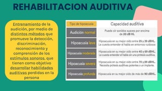 REHABILITACION AUDITIVA
Entrenamiento de la
audición, por medio de
distintos métodos que
promueve la detección,
discriminación,
reconocimiento y
comprensión de los
estímulos sonoros, que
tienen como objetivo
desarrollar habilidades
auditivas perdidas en la
persona
 
