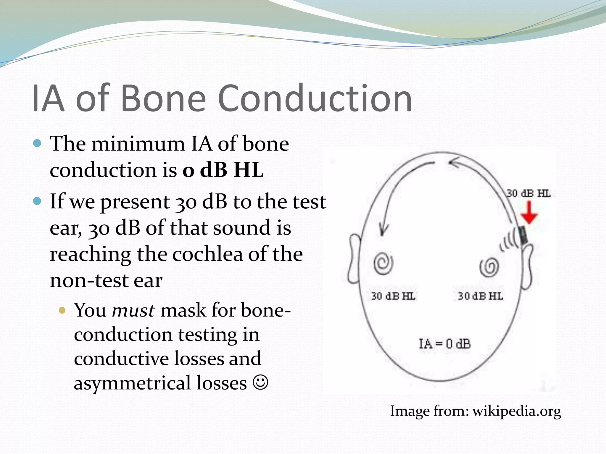 IA of Bone Conduction
Image from: wikipedia.org
 The minimum IA of bone
conduction is 0 dB HL
 If we present 30 dB to the test
ear, 30 dB of that sound is
reaching the cochlea of the
non-test ear
 You must mask for bone-
conduction testing in
conductive losses and
asymmetrical losses 
 