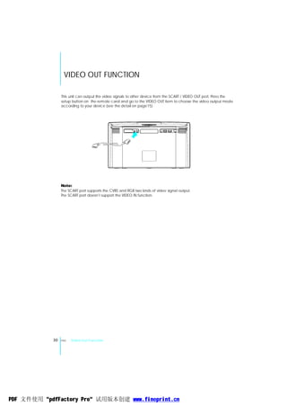VIDEO OUT FUNCTION

                 This unit can output the video signals to other device from the SCART / VIDEO OUT port. Press the
                 setup button on the remote carol and go to the VIDEO OUT item to choose the video output mode
                 according to your device (see the detail on page15)




                 Note:
                 The SCART port supports the CVBS and RGB two kinds of video signal output.
                                     ,
                 The SCART port doesn t support the VIDEO IN function.




            30   ENG   Video Out Function




PDF 文件使用 "pdfFactory Pro" 试用版本创建 www.fineprint.cn
 