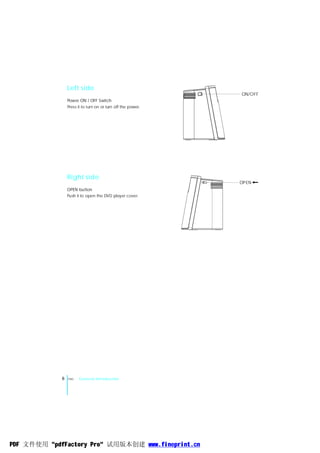 Left side
                                                              ON/OFF
                 Power ON / OFF Switch
                 Press it to turn on or turn off the power.




                 Right side
                                                              OP EN
                 OPEN button
                 Push it to open the DVD player cover.




             6   ENG   General Introduction




PDF 文件使用 "pdfFactory Pro" 试用版本创建 www.fineprint.cn
 