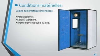 Cabine audiométrique insonorisée.
• Parois isolantes.
• Sol anti-vibrations.
• éventuellement double-cabine.
Conditions matérielles:
11
 