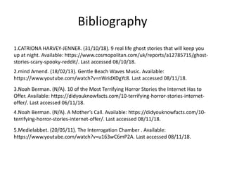 Bibliography
1.CATRIONA HARVEY-JENNER. (31/10/18). 9 real life ghost stories that will keep you
up at night. Available: https://www.cosmopolitan.com/uk/reports/a12785715/ghost-
stories-scary-spooky-reddit/. Last accessed 06/10/18.
3.Noah Berman. (N/A). 10 of the Most Terrifying Horror Stories the Internet Has to
Offer. Available: https://didyouknowfacts.com/10-terrifying-horror-stories-internet-
offer/. Last accessed 06/11/18.
4.Noah Berman. (N/A). A Mother’s Call. Available: https://didyouknowfacts.com/10-
terrifying-horror-stories-internet-offer/. Last accessed 08/11/18.
2.mind Amend. (18/02/13). Gentle Beach Waves Music. Available:
https://www.youtube.com/watch?v=nWridXDgYc8. Last accessed 08/11/18.
5.Medielabbet. (20/05/11). The Interrogation Chamber . Available:
https://www.youtube.com/watch?v=u163wC6mP2A. Last accessed 08/11/18.
 