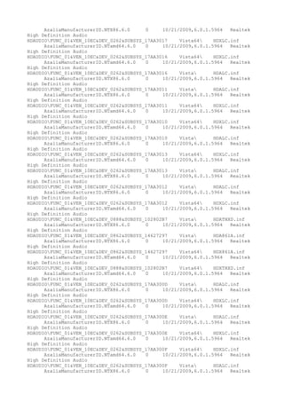 AzaliaManufacturerID.NTX86.6.0
0
10/21/2009,6.0.1.5964
Realtek
High Definition Audio
HDAUDIOFUNC_01&VEN_10EC&DEV_0262&SUBSYS_17AA3017
Vista64
HDXLC.inf
AzaliaManufacturerID.NTamd64.6.0
0
10/21/2009,6.0.1.5964
Realtek
High Definition Audio
HDAUDIOFUNC_01&VEN_10EC&DEV_0262&SUBSYS_17AA3016
Vista64
HDXLC.inf
AzaliaManufacturerID.NTamd64.6.0
0
10/21/2009,6.0.1.5964
Realtek
High Definition Audio
HDAUDIOFUNC_01&VEN_10EC&DEV_0262&SUBSYS_17AA3016
Vista
HDALC.inf
AzaliaManufacturerID.NTX86.6.0
0
10/21/2009,6.0.1.5964
Realtek
High Definition Audio
HDAUDIOFUNC_01&VEN_10EC&DEV_0262&SUBSYS_17AA3011
Vista
HDALC.inf
AzaliaManufacturerID.NTX86.6.0
0
10/21/2009,6.0.1.5964
Realtek
High Definition Audio
HDAUDIOFUNC_01&VEN_10EC&DEV_0262&SUBSYS_17AA3011
Vista64
HDXLC.inf
AzaliaManufacturerID.NTamd64.6.0
0
10/21/2009,6.0.1.5964
Realtek
High Definition Audio
HDAUDIOFUNC_01&VEN_10EC&DEV_0262&SUBSYS_17AA3010
Vista64
HDXLC.inf
AzaliaManufacturerID.NTamd64.6.0
0
10/21/2009,6.0.1.5964
Realtek
High Definition Audio
HDAUDIOFUNC_01&VEN_10EC&DEV_0262&SUBSYS_17AA3010
Vista
HDALC.inf
AzaliaManufacturerID.NTX86.6.0
0
10/21/2009,6.0.1.5964
Realtek
High Definition Audio
HDAUDIOFUNC_01&VEN_10EC&DEV_0262&SUBSYS_17AA3013
Vista64
HDXLC.inf
AzaliaManufacturerID.NTamd64.6.0
0
10/21/2009,6.0.1.5964
Realtek
High Definition Audio
HDAUDIOFUNC_01&VEN_10EC&DEV_0262&SUBSYS_17AA3013
Vista
HDALC.inf
AzaliaManufacturerID.NTX86.6.0
0
10/21/2009,6.0.1.5964
Realtek
High Definition Audio
HDAUDIOFUNC_01&VEN_10EC&DEV_0262&SUBSYS_17AA3012
Vista
HDALC.inf
AzaliaManufacturerID.NTX86.6.0
0
10/21/2009,6.0.1.5964
Realtek
High Definition Audio
HDAUDIOFUNC_01&VEN_10EC&DEV_0262&SUBSYS_17AA3012
Vista64
HDXLC.inf
AzaliaManufacturerID.NTamd64.6.0
0
10/21/2009,6.0.1.5964
Realtek
High Definition Audio
HDAUDIOFUNC_01&VEN_10EC&DEV_0888&SUBSYS_102802B7
Vista
HDATHXD.inf
AzaliaManufacturerID.NTX86.6.0
0
10/21/2009,6.0.1.5964
Realtek
High Definition Audio
HDAUDIOFUNC_01&VEN_10EC&DEV_0862&SUBSYS_14627297
Vista
HDA861A.inf
AzaliaManufacturerID.NTX86.6.0
0
10/21/2009,6.0.1.5964
Realtek
High Definition Audio
HDAUDIOFUNC_01&VEN_10EC&DEV_0862&SUBSYS_14627297
Vista64
HDX861A.inf
AzaliaManufacturerID.NTamd64.6.0
0
10/21/2009,6.0.1.5964
Realtek
High Definition Audio
HDAUDIOFUNC_01&VEN_10EC&DEV_0888&SUBSYS_102802B7
Vista64
HDXTHXD.inf
AzaliaManufacturerID.NTamd64.6.0
0
10/21/2009,6.0.1.5964
Realtek
High Definition Audio
HDAUDIOFUNC_01&VEN_10EC&DEV_0262&SUBSYS_17AA300D
Vista
HDALC.inf
AzaliaManufacturerID.NTX86.6.0
0
10/21/2009,6.0.1.5964
Realtek
High Definition Audio
HDAUDIOFUNC_01&VEN_10EC&DEV_0262&SUBSYS_17AA300D
Vista64
HDXLC.inf
AzaliaManufacturerID.NTamd64.6.0
0
10/21/2009,6.0.1.5964
Realtek
High Definition Audio
HDAUDIOFUNC_01&VEN_10EC&DEV_0262&SUBSYS_17AA300E
Vista
HDALC.inf
AzaliaManufacturerID.NTX86.6.0
0
10/21/2009,6.0.1.5964
Realtek
High Definition Audio
HDAUDIOFUNC_01&VEN_10EC&DEV_0262&SUBSYS_17AA300E
Vista64
HDXLC.inf
AzaliaManufacturerID.NTamd64.6.0
0
10/21/2009,6.0.1.5964
Realtek
High Definition Audio
HDAUDIOFUNC_01&VEN_10EC&DEV_0262&SUBSYS_17AA300F
Vista64
HDXLC.inf
AzaliaManufacturerID.NTamd64.6.0
0
10/21/2009,6.0.1.5964
Realtek
High Definition Audio
HDAUDIOFUNC_01&VEN_10EC&DEV_0262&SUBSYS_17AA300F
Vista
HDALC.inf
AzaliaManufacturerID.NTX86.6.0
0
10/21/2009,6.0.1.5964
Realtek

 