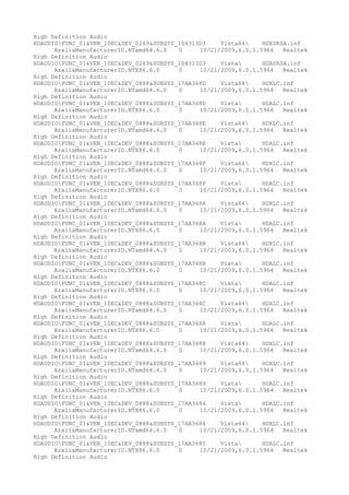 High Definition Audio
HDAUDIOFUNC_01&VEN_10EC&DEV_0269&SUBSYS_104313D3
Vista64
HDXSRSA.inf
AzaliaManufacturerID.NTamd64.6.0
0
10/21/2009,6.0.1.5964
Realtek
High Definition Audio
HDAUDIOFUNC_01&VEN_10EC&DEV_0269&SUBSYS_104313D3
Vista
HDASRSA.inf
AzaliaManufacturerID.NTX86.6.0
0
10/21/2009,6.0.1.5964
Realtek
High Definition Audio
HDAUDIOFUNC_01&VEN_10EC&DEV_0888&SUBSYS_17AA368D
Vista64
HDXLC.inf
AzaliaManufacturerID.NTamd64.6.0
0
10/21/2009,6.0.1.5964
Realtek
High Definition Audio
HDAUDIOFUNC_01&VEN_10EC&DEV_0888&SUBSYS_17AA368D
Vista
HDALC.inf
AzaliaManufacturerID.NTX86.6.0
0
10/21/2009,6.0.1.5964
Realtek
High Definition Audio
HDAUDIOFUNC_01&VEN_10EC&DEV_0888&SUBSYS_17AA368E
Vista64
HDXLC.inf
AzaliaManufacturerID.NTamd64.6.0
0
10/21/2009,6.0.1.5964
Realtek
High Definition Audio
HDAUDIOFUNC_01&VEN_10EC&DEV_0888&SUBSYS_17AA368E
Vista
HDALC.inf
AzaliaManufacturerID.NTX86.6.0
0
10/21/2009,6.0.1.5964
Realtek
High Definition Audio
HDAUDIOFUNC_01&VEN_10EC&DEV_0888&SUBSYS_17AA368F
Vista64
HDXLC.inf
AzaliaManufacturerID.NTamd64.6.0
0
10/21/2009,6.0.1.5964
Realtek
High Definition Audio
HDAUDIOFUNC_01&VEN_10EC&DEV_0888&SUBSYS_17AA368F
Vista
HDALC.inf
AzaliaManufacturerID.NTX86.6.0
0
10/21/2009,6.0.1.5964
Realtek
High Definition Audio
HDAUDIOFUNC_01&VEN_10EC&DEV_0888&SUBSYS_17AA368A
Vista64
HDXLC.inf
AzaliaManufacturerID.NTamd64.6.0
0
10/21/2009,6.0.1.5964
Realtek
High Definition Audio
HDAUDIOFUNC_01&VEN_10EC&DEV_0888&SUBSYS_17AA368A
Vista
HDALC.inf
AzaliaManufacturerID.NTX86.6.0
0
10/21/2009,6.0.1.5964
Realtek
High Definition Audio
HDAUDIOFUNC_01&VEN_10EC&DEV_0888&SUBSYS_17AA368B
Vista64
HDXLC.inf
AzaliaManufacturerID.NTamd64.6.0
0
10/21/2009,6.0.1.5964
Realtek
High Definition Audio
HDAUDIOFUNC_01&VEN_10EC&DEV_0888&SUBSYS_17AA368B
Vista
HDALC.inf
AzaliaManufacturerID.NTX86.6.0
0
10/21/2009,6.0.1.5964
Realtek
High Definition Audio
HDAUDIOFUNC_01&VEN_10EC&DEV_0888&SUBSYS_17AA368C
Vista
HDALC.inf
AzaliaManufacturerID.NTX86.6.0
0
10/21/2009,6.0.1.5964
Realtek
High Definition Audio
HDAUDIOFUNC_01&VEN_10EC&DEV_0888&SUBSYS_17AA368C
Vista64
HDXLC.inf
AzaliaManufacturerID.NTamd64.6.0
0
10/21/2009,6.0.1.5964
Realtek
High Definition Audio
HDAUDIOFUNC_01&VEN_10EC&DEV_0888&SUBSYS_17AA3688
Vista
HDALC.inf
AzaliaManufacturerID.NTX86.6.0
0
10/21/2009,6.0.1.5964
Realtek
High Definition Audio
HDAUDIOFUNC_01&VEN_10EC&DEV_0888&SUBSYS_17AA3688
Vista64
HDXLC.inf
AzaliaManufacturerID.NTamd64.6.0
0
10/21/2009,6.0.1.5964
Realtek
High Definition Audio
HDAUDIOFUNC_01&VEN_10EC&DEV_0888&SUBSYS_17AA3689
Vista64
HDXLC.inf
AzaliaManufacturerID.NTamd64.6.0
0
10/21/2009,6.0.1.5964
Realtek
High Definition Audio
HDAUDIOFUNC_01&VEN_10EC&DEV_0888&SUBSYS_17AA3689
Vista
HDALC.inf
AzaliaManufacturerID.NTX86.6.0
0
10/21/2009,6.0.1.5964
Realtek
High Definition Audio
HDAUDIOFUNC_01&VEN_10EC&DEV_0888&SUBSYS_17AA3684
Vista
HDALC.inf
AzaliaManufacturerID.NTX86.6.0
0
10/21/2009,6.0.1.5964
Realtek
High Definition Audio
HDAUDIOFUNC_01&VEN_10EC&DEV_0888&SUBSYS_17AA3684
Vista64
HDXLC.inf
AzaliaManufacturerID.NTamd64.6.0
0
10/21/2009,6.0.1.5964
Realtek
High Definition Audio
HDAUDIOFUNC_01&VEN_10EC&DEV_0888&SUBSYS_17AA3685
Vista
HDALC.inf
AzaliaManufacturerID.NTX86.6.0
0
10/21/2009,6.0.1.5964
Realtek
High Definition Audio

 