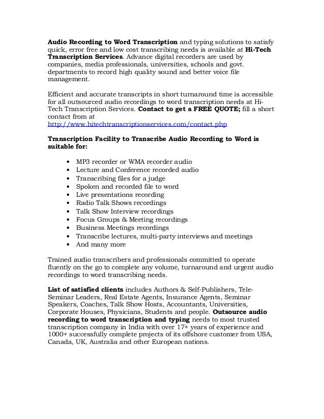 Audio recording to word transcription