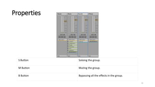 Properties
S Button Soloing the group.
M Button Muting the group.
B Button Bypassing all the effects in the group.
16
 