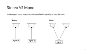 Stereo VS Mono
Stereo Mono
Unity supports mono, stereo and multichannel audio assets (up to eight channels).
4
 