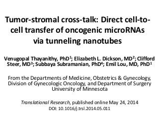 Tumor-stromal cross-talk: Direct cell-to-
cell transfer of oncogenic microRNAs
via tunneling nanotubes
Venugopal Thayanithy, PhD1; Elizabeth L. Dickson, MD2; Clifford
Steer, MD3; Subbaya Subramanian, PhD4; Emil Lou, MD, PhD1
From the Departments of Medicine, Obstetrics & Gynecology,
Division of Gynecologic Oncology, and Department of Surgery
University of Minnesota
Translational Research, published online May 24, 2014
DOI: 10.1016/j.trsl.2014.05.011
 