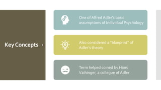 KeyConcepts
One of Alfred Adler's basic
assumptions of Individual Psychology
Also considered a "blueprint" of
Adler's theory
Term helped coined by Hans
Vaihinger, a collegue of Adler
 