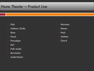 Home Theater – Product Line



      Dali                      Marantz
      Anthony Gallo             Denon
      Bose                      Nad
      Focal                     Anthem
      Paradigm                  Chord
      Kef
      Polk Audio
      Burmester
      AudioVector
 