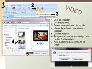 VIDEO 1. Clic  en insertar. 2. Clic en película. 3. Seleccionar película  de archivo 4. Ubicar la película  que desea  insertar. 5. Clic en Aceptar. 6. Te aparece una ventana elige una de las 2 alternativas. 7. Automáticamente se inserta el video. 2 3 4 5 1 