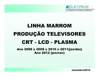 LINHA MARROM
PRODUÇÃO TELEVISORES
  CRT - LCD - PLASMA
Ano 2008 x 2009 x 2010 x 2011(jan/dez)
          Ano 2012 (jan/nov)




                               novembro/2012
 