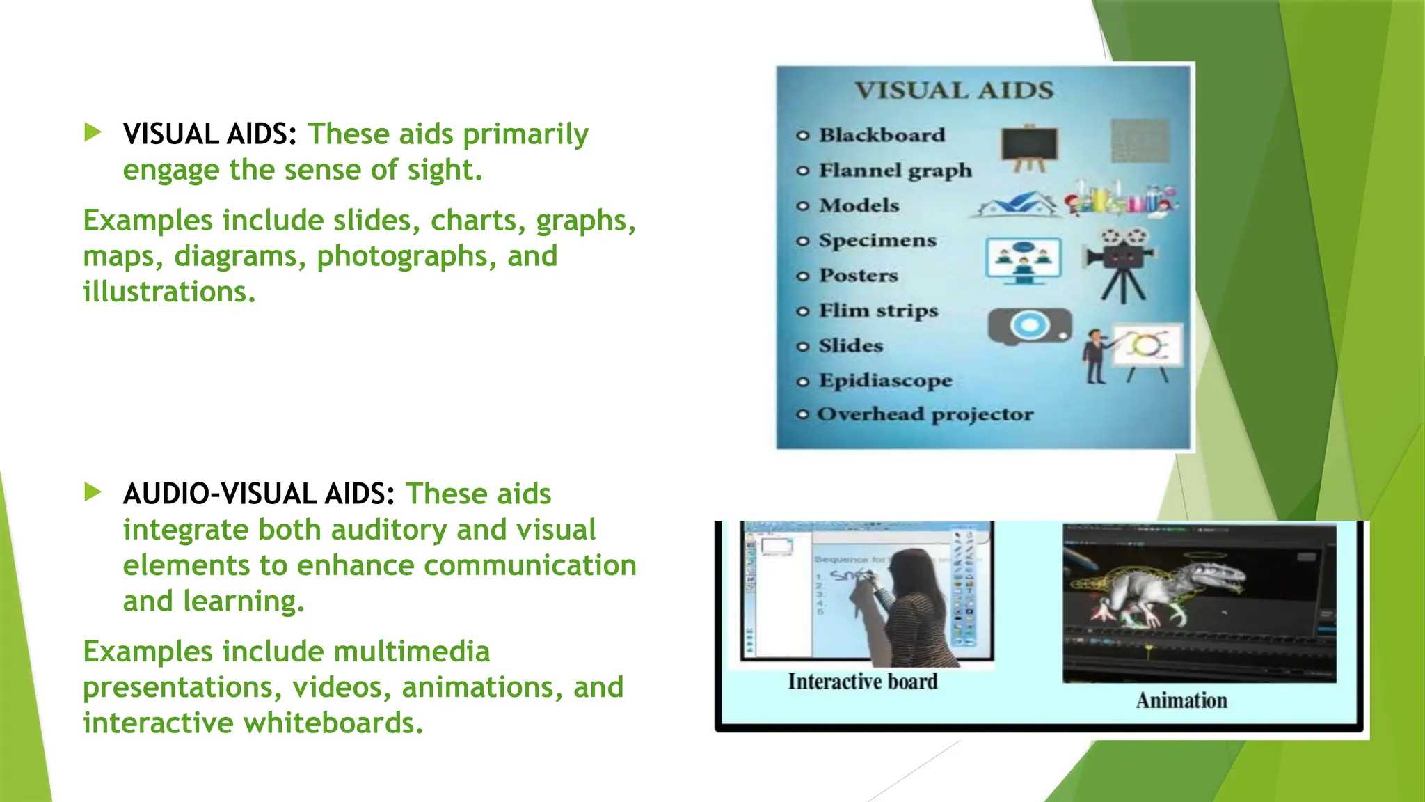  VISUAL AIDS: These aids primarily
engage the sense of sight.
Examples include slides, charts, graphs,
maps, diagrams, photographs, and
illustrations.
 AUDIO-VISUAL AIDS: These aids
integrate both auditory and visual
elements to enhance communication
and learning.
Examples include multimedia
presentations, videos, animations, and
interactive whiteboards.
 