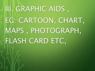 III. GRAPHIC AIDS ,
EG: CARTOON, CHART,
MAPS , PHOTOGRAPH,
FLASH CARD ETC,
 