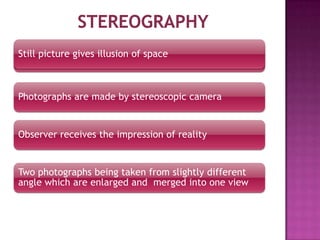 Still picture gives illusion of space



Photographs are made by stereoscopic camera


Observer receives the impression of reality


Two photographs being taken from slightly different
angle which are enlarged and merged into one view
 