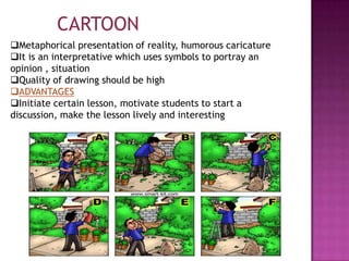 CARTOON
Metaphorical presentation of reality, humorous caricature
It is an interpretative which uses symbols to portray an
opinion , situation
Quality of drawing should be high
ADVANTAGES
Initiate certain lesson, motivate students to start a
discussion, make the lesson lively and interesting
 