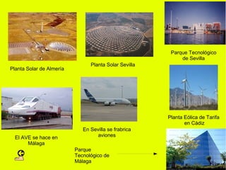 Parque Tecnológico
                                                            de Sevilla
                                Planta Solar Sevilla
Planta Solar de Almería




                                                       Planta Eólica de Tarifa
                                                              en Cádiz
                             En Sevilla se frabrica
  El AVE se hace en                aviones
       Málaga
                          Parque
                          Tecnológico de
                          Málaga
 