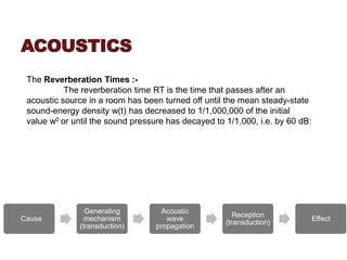 ACOUSTICS
The Reverberation Times :-
The reverberation time RT is the time that passes after an
acoustic source in a room has been turned off until the mean steady-state
sound-energy density w(t) has decreased to 1/1,000,000 of the initial
value w0 or until the sound pressure has decayed to 1/1,000, i.e. by 60 dB:
Cause
Generating
mechanism
(transduction)
Acoustic
wave
propagation
Reception
(transduction)
Effect
 