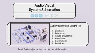 Audio Visual
System Schematics
Audio Visual System Designs for:
1. Business
2. Education
3. House of Worship
4. Healthcare
5. Government
6. Broadcast
Email Partners@ptzoptics.com for more information
 