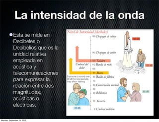 La intensidad de la onda
        l Esta se mide en
           Decibeles o
           Decibelios que es la
           unidad relativa
           empleada en
           acústica y
           telecomunicaciones
           para expresar la
           relación entre dos
           magnitudes,
           acústicas o
           eléctricas.

Monday, September 24, 2012
 