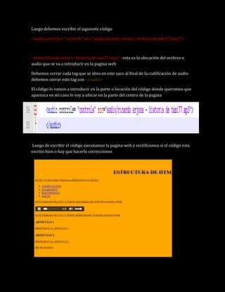 Luego debemos escribir el siguiente código
<audio controls= "controls" src="audio/ricardo arjona - historia de taxi77.mp3"...