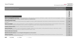 Nuova S7 Sportback
Tecnica / Sicurezza
●
●
●
●
●
●
●
●
Protezione laterale antiurto alle portiere, costituita da elementi protettivi d'alluminio
Sensore luci/pioggia: accende e spegne automaticamente i proiettori anabbaglianti e/o i tergicristalli in funzione della luminosità ambientale e delle precipitazioni; funzione coming
home/leaving home con spegnimento ritardato/accensione automatica dei gruppi ottici posteriori e delle luci targa alla chiusura/apertura della vettura
Carrozzeria portante zincata
Struttura leggera ibrida in alluminio con zincatura totale nelle zone soggette a corrosione, saldata al gruppo pianale; parte anteriore e posteriore della scocca con zone a deformazione
prestabilita
Sistema di appoggiatesta di sicurezza: in caso di tamponamento, il sedile, grazie alla sua particolare conformazione, accoglie in modo mirato il busto del passeggero e sostiene in
tempo la testa, accrescendo l’effetto protettivo e riducendo il pericolo di un eventuale trauma
NOTE - non fornibile ● = di serie ○ = a richiesta
Cinture di sicurezza automatiche a 3 punti con pretensionatore riavvolgibile; limitatore di escursione adattivo e verifica altezza/fermo cintura per i sedili anteriori; controllo
allacciamento della cintura per i sedili anteriori con segnale di avvertimento acustico e visivo
Piantone dello sterzo di sicurezza
Pagina 9/9
Materiale del pronto soccorso nel vano portaoggetti dell’appoggiabraccia centrale posteriore
Chiusura di sicurezza per bambini elettrica per le portiere posteriori azionabile tramite gli appositi tasti sull'appoggiabraccia della portiera del conducente; chiusura di sicurezza
perbambini supplementare per gli alzacristalli posteriori
Equipaggiamenti di serie Validità:
S7Sportback
24/01/2015
 