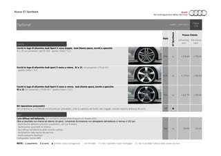 Nuova S7 Sportback
Cerchi
PQH ○ 2.028,69 2.475,00
PQW ○ 2.319,67 2.830,00
PQ3 ○ 2.622,95 3.200,00
AIB ▲ - -
Luci
QQ2 ○ 290,98 355,00
Prezzo Cliente
IVA esclusa
euro
Kit riparazione pneumatici
con compressore a 12 Volt ed ermetizzante per pneumatici, sotto la copertura del fondo vano bagagli; velocità massima ammessa 80 km/h
Luce diffusa nell’abitacolo, con scomparto portaocchiali integrato nel modulo tetto.
Oltre al pacchetto luci interne ed esterne (di seire), comprende illuminazione non abbagliante dell’abitacolo in tecnica a LED per:
- illuminazione abitacolo anteriore e posteriore, con luci di lettura
- illuminazione specchietti di cortesia
- luce diffusa nell'abitalcolo della consolle centrale
- illuminazione delle tasche alle portiere
- listelli sottoporta illuminati
Configurabile tramite MMI
Cerchi in lega di alluminio Audi Sport 5 razze doppie, look titanio opaco, torniti a specchio
9J x 20 con pneumatici 265/35 R20 - quattro GmbH (*)(1)
Cerchi in lega di alluminio Audi sport 5 razze a rotore, 9J x 21 con pneumatici 275/30 R21
- quattro GmbH (*)(1)
Cerchi in lega di alluminio Audi Sport 5 razze a rotore, look titanio opaco, torniti a specchio
9J x 21 con pneumatici 275/30 R21 - quattro GmbH (*)(1)
Sigla
IVA inclusa
euro
24/01/2015Optional Validità:
Pagina:
3/25
S7Sportback
NOTE ○ a pagamento ● di serie ▲ fornibile senza sovrapprezzo - non fornibile (1) non è possibile il post-montaggio (*) non è possibile l'utilizzo delle catene da neve
 